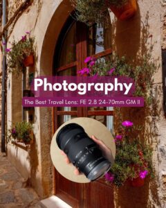 Image: A picturesque European doorway, showcasing the FE 2.8 24-70mm GM II lens in circle.